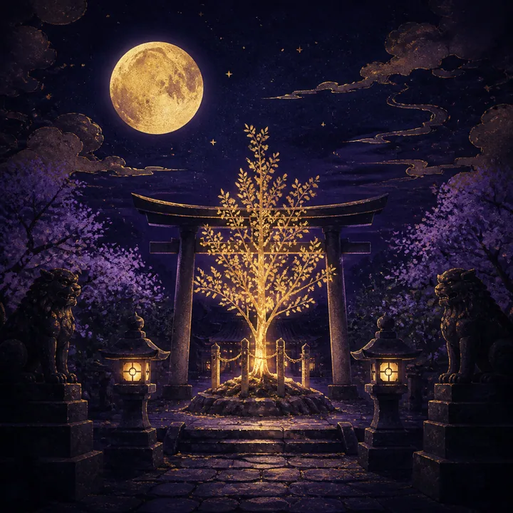 御神木が輝く月夜の幻龍神社